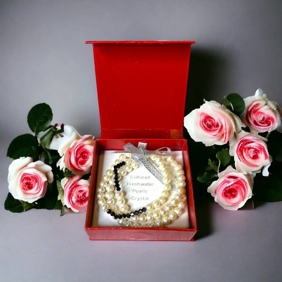 Cultured Freshwater Pearl and Crystal Bracelets - Set of 3 - Picture 1 of 9